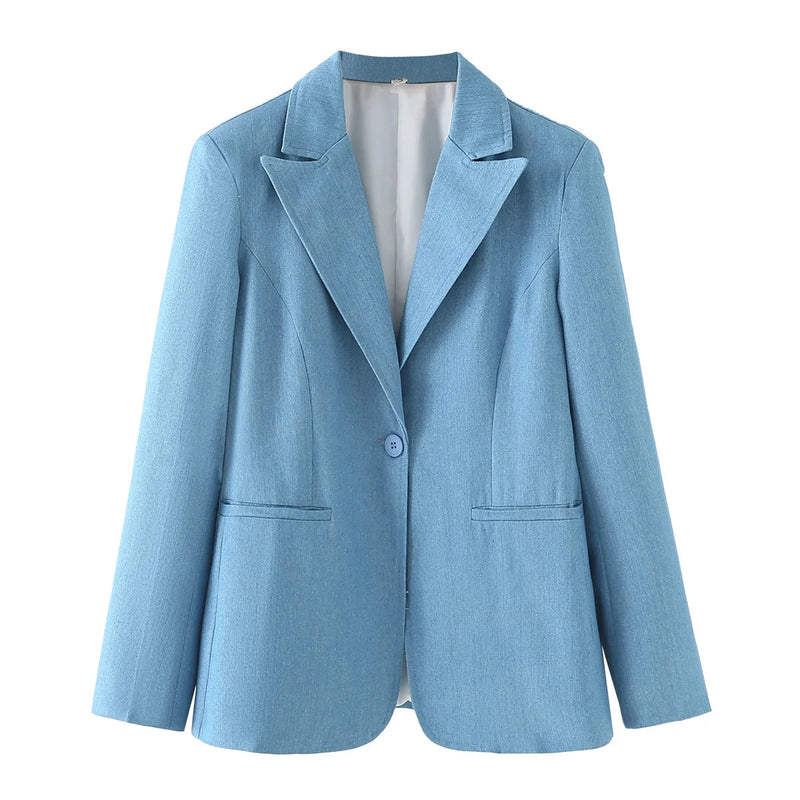 Spring Denim Blazer for Long Sleeves Pockets Lapel Single Button Jacket Female Loose Causal Coat