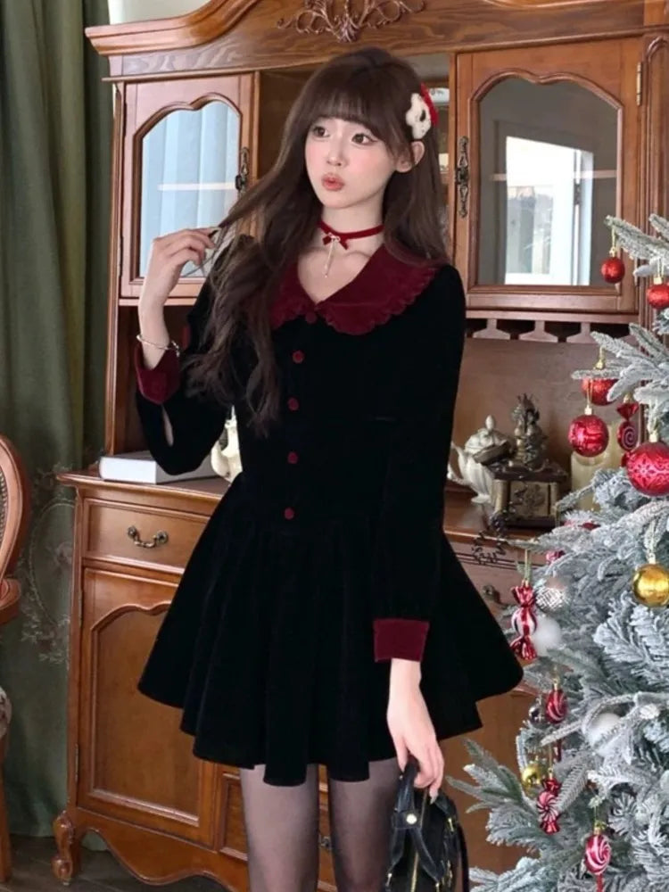 Black Velvet Dresses French Sweet Birthday Party Mini Dress Autumn Spring Female Pleated Aline Short Vestidos