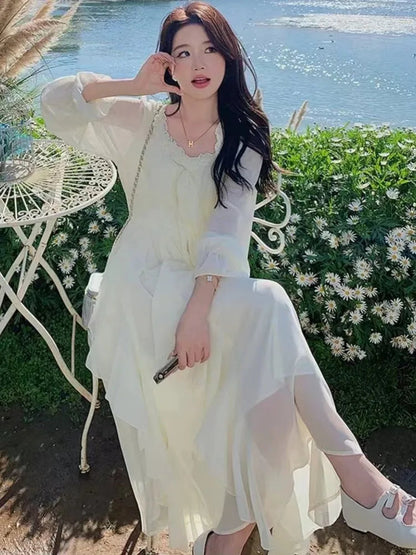 Irregular Ruffles Long Dress New Autumn Square Collar Beach Vocation Korean Female Vestidos New