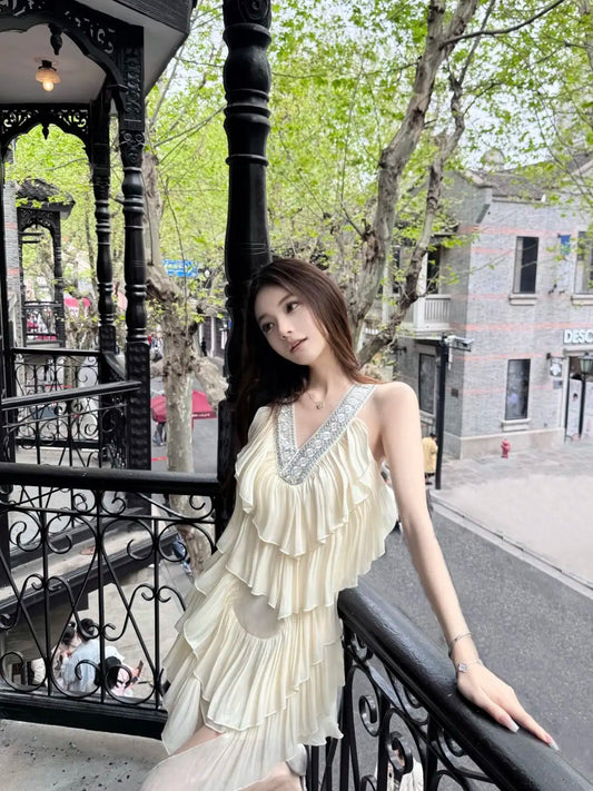 Spicy Girl Vcollar Ruffle Edge Sleeveless Halter Dress for Summer French Beach Style Loose Sweet Aline Midi Dress