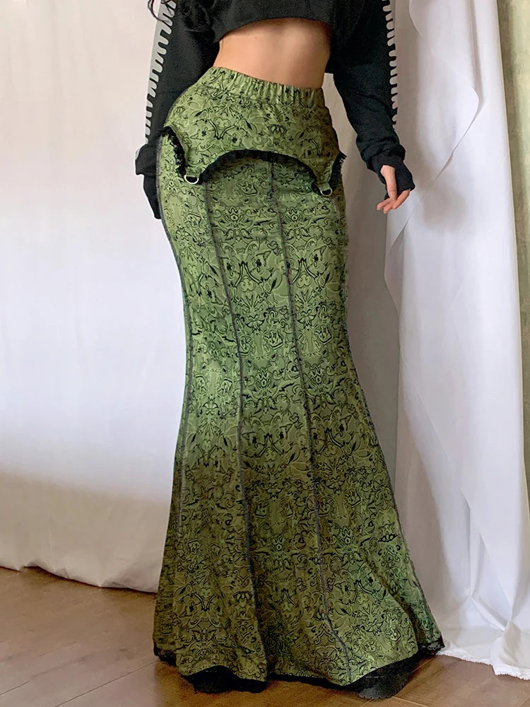 Forest Green Print Aesthetic Vacation Long Skirts Lace Trim Mermaid Skirt