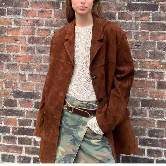 Brown Suede New Loose Oversized Street Coat