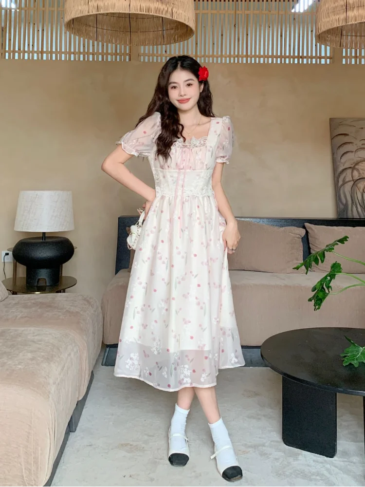 Summer French Chiffon Lace Dress Square Neck Waist Slim Shortsleeved Dress Bandage Midlength Dresses
