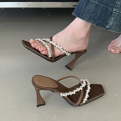 Street Style Crystal Rhinestone Silk Slippers Sandals Open Toe Thin High Heels Stripper Party Slides Shoes
