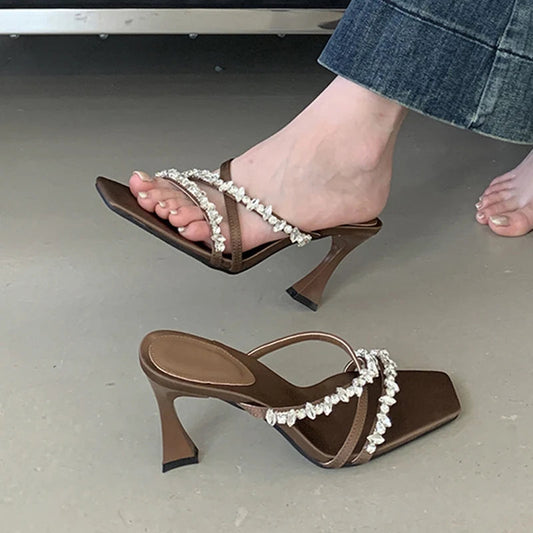 Street Style Crystal Rhinestone Silk Slippers Sandals Open Toe Thin High Heels Stripper Party Slides Shoes