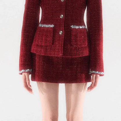 Red Christmas Skirts Set Clothing Winter New Sweet Waist Slimming Coat Mini Skirt Two Piece Set Outfits