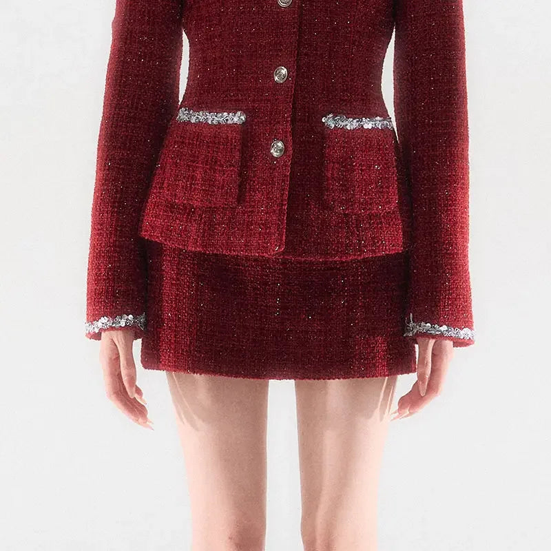 Red Christmas Skirts Set Clothing Winter New Sweet Waist Slimming Coat Mini Skirt Two Piece Set Outfits