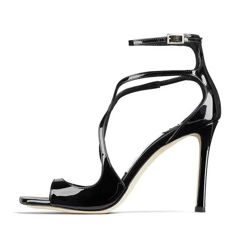 Designer Ankle Cover Strap 7cm Gladiator Sandals Square Open Toe Pink High Heels Wedding Banquet Shoes