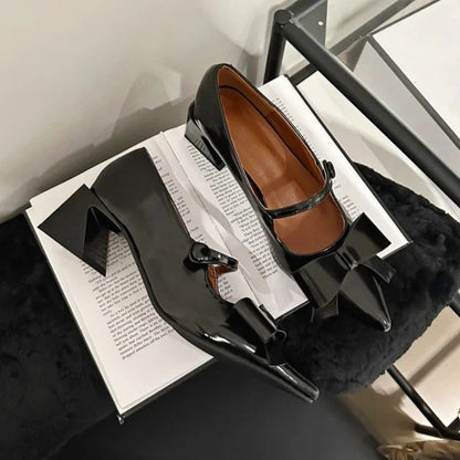 Bow Pointed Toe Mary Jane Shoes Chunky Heel Office Shoes Comfy Pumps Female Fashions Retro High Heels