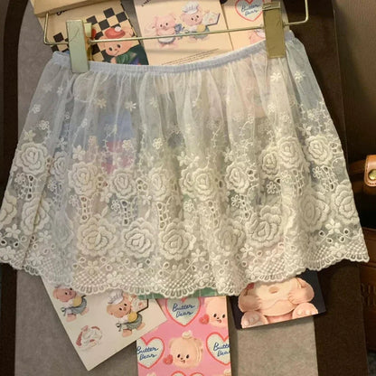 Korean Polka Dot Mesh Color Aline Skirt Spring New High Waist Hollow Seethrough Mini Skirt