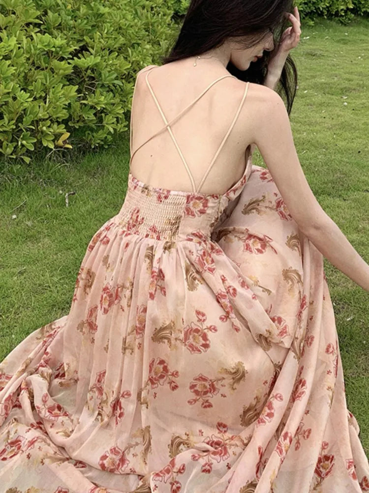 Summer New Spaghetti Strap Long Dresses for Backless A-line Beach Style Korean Party Dress Vestidos