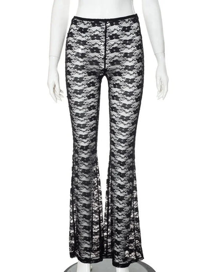 Long Micro Flare Y2k Pants Slim Fit Mesh Patchwork Pants High-waisted High-stretch