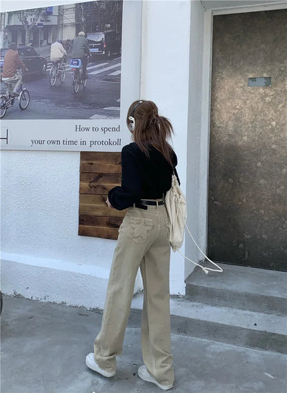 Baggy Khaki Jeans Straight Loose High Waist Trousers Star Patchwork Denim Wide Leg Pants