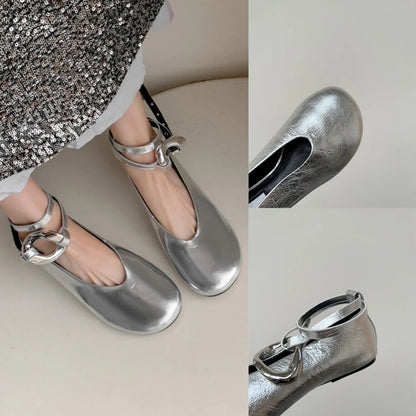 Sandals Mary Jane Flats Dupe Silver Black Gold Big Size Ankle Strap Round Toe Ballerinas Shoes
