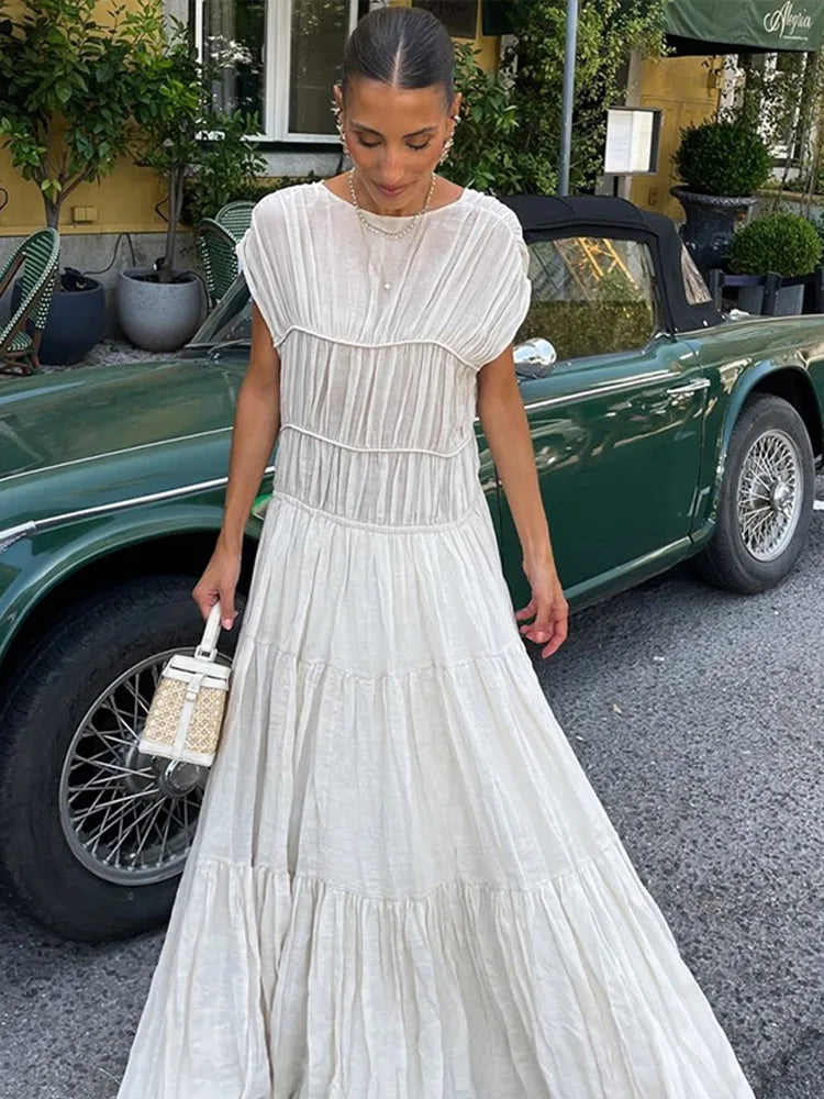 Pleated Long Dresses Backless O-neck Short Sleeve Dresses Female Summer Spring Party Beach Holiday
