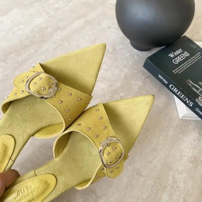 Shoes Woman Pointed Toe Slippers Summer Rivet Slides on a Wedge Low Flock Designer Rome Hoof Heels Fabric Rubber Fas