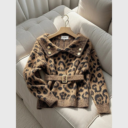 Leopard Brown Polo Collar Waist Belted Sweater Clothing Outerwear Winter New Loose Knitted Pullovers Tops