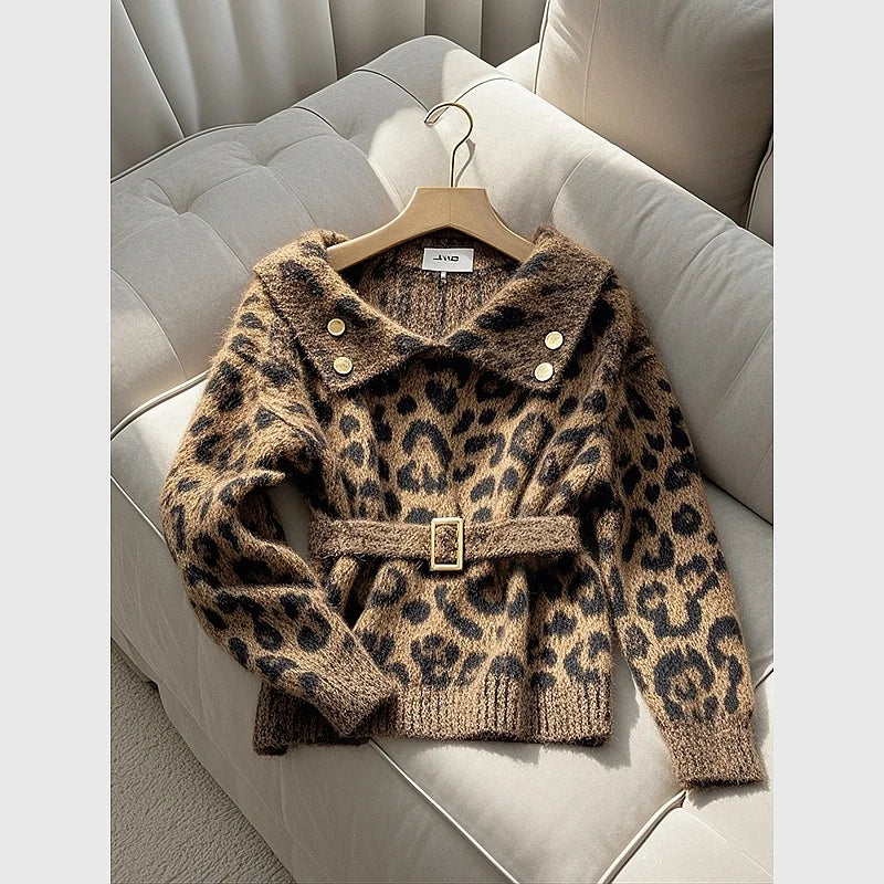 Leopard Brown Polo Collar Waist Belted Sweater Clothing Outerwear Winter New Loose Knitted Pullovers Tops