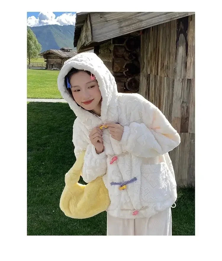 Autumn and Winter New Style Small Fragrance Unique White Plush Coat Hooded Colorful Horn Button Plush Top