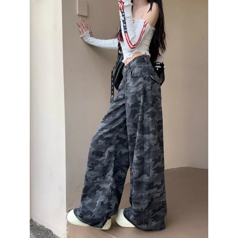 Camouflage Loose Jeans Autumn New High Street Contrast Color Patchwork Denim Wide Leg Pants
