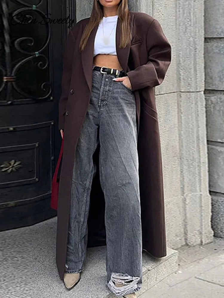 Lapel Pocket Woolen Long Trench Coat Full Sleeve Loose Overcoat Autumn Winter Lady Commute Outwear