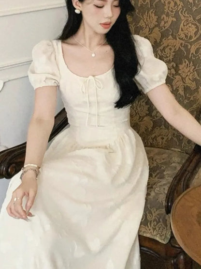 Midi Dresses for Summer New Puff Sleeve Square Collar A-line Birthday Party Dress Korean One Piece Vestido