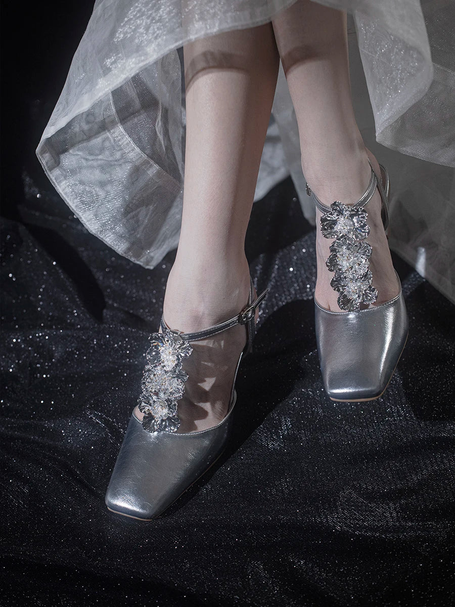 Summer Flower Sandals Sliver Shiny Leather Square Toe Ankle Straps High Heels T Strap Rose Dress Shoes