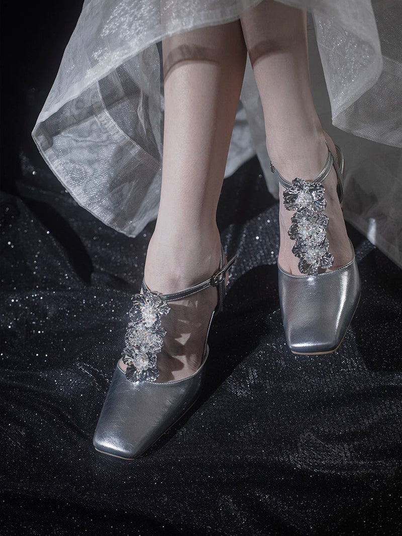 Summer Flower Sandals Sliver Shiny Leather Square Toe Ankle Straps High Heels T Strap Rose Dress Shoes