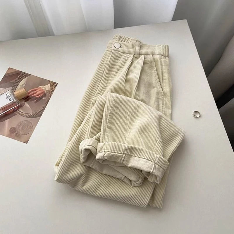 Retro High Waist Corduroy Pants Spring Fall Straight Causal Full Length Trousers Korean Baggy All Match Black Pant