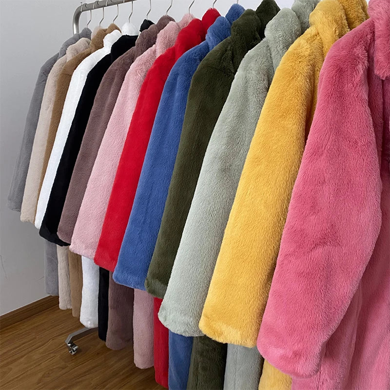Winter Long Overcoats Oversized Lapel Belted Faux Rabbit Fur Coat Jacket Female Outerwear Plush Fur Coats