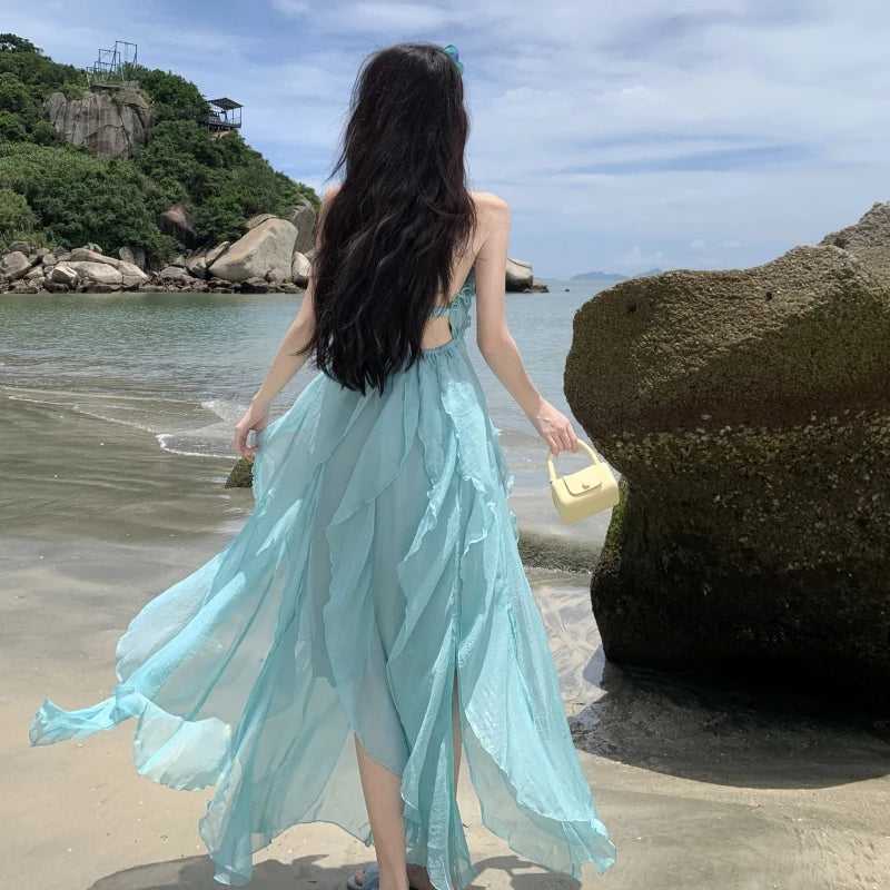 Sky Blue Backless Halter Laceup Long Dresses Spring Summer Off Shoulder Club Ruffles Vacation Pleated Sundress