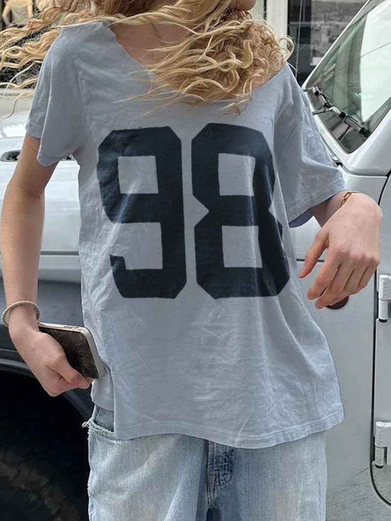 Figure Print Loose Boyfriend Long T-shirt O Neck Short Sleeve Summer Korean Top Tees Simple Lazy Homewear