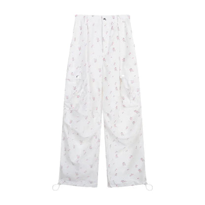 Printing Cargo Trousers for High Waist Patchwork Drawstring Long Pants Female Style