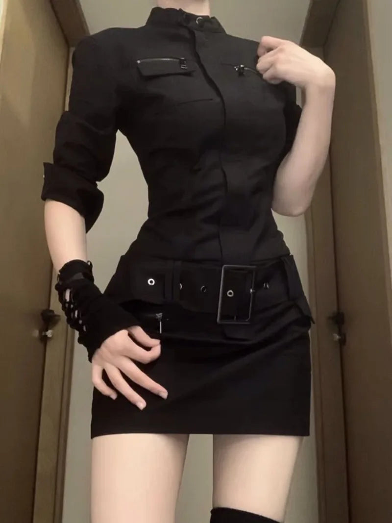 Autumn Cargo Clothing Black Slim Y2k Mini Dress Short Party Bodycon One Piece Korean