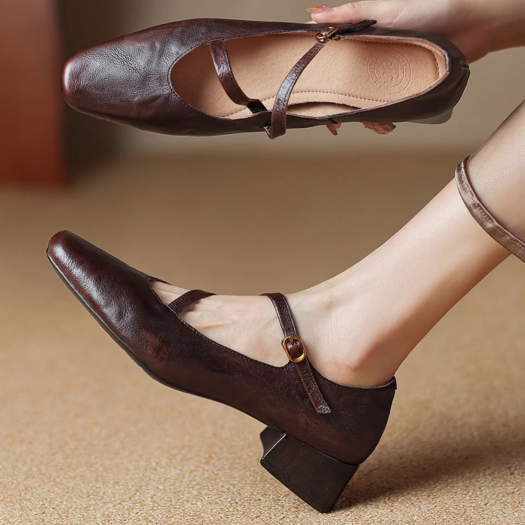 Genuine Leather Square Toe Slipon Pumps 4cm Thick Low Heel Ol Style Narrow Band Cross Strap Slim Shoes