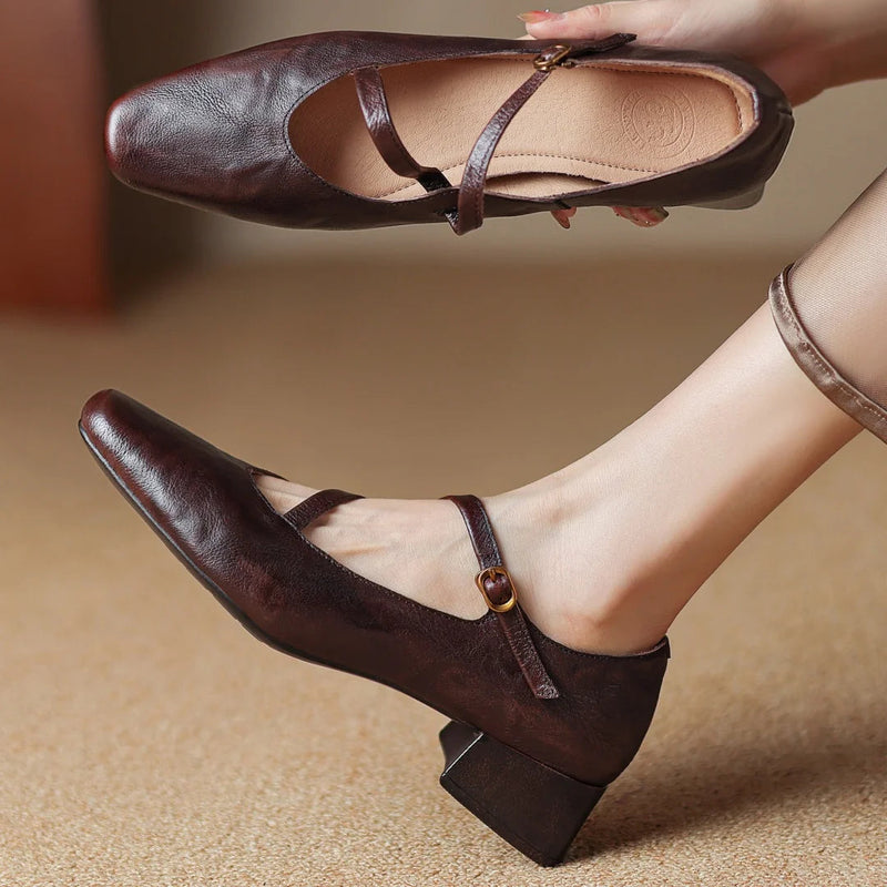 Genuine Leather Square Toe Slipon Pumps 4cm Thick Low Heel Ol Style Narrow Band Cross Strap Slim Shoes