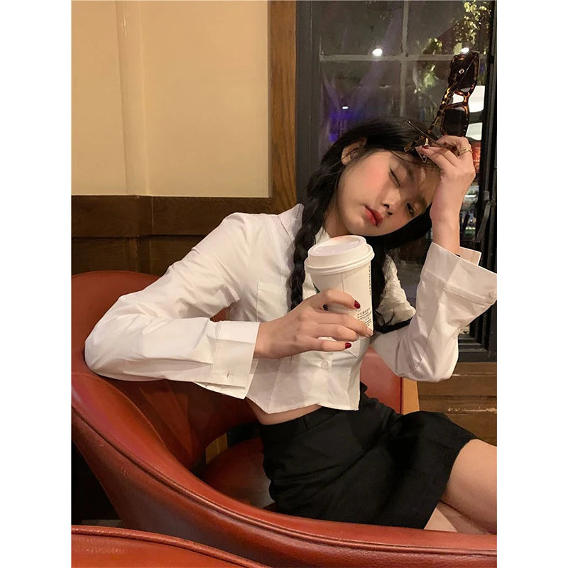 Y2k Cropped White Shirts Preppy Irregular Long Sleeve Blouses Summer Korean Pockets Slim Design Tops