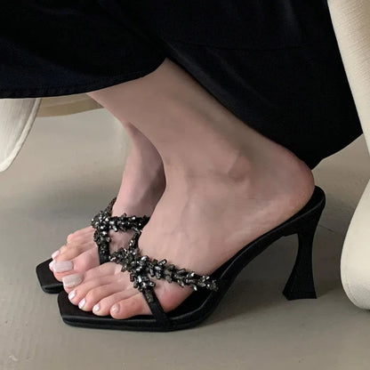 Street Style Crystal Narrow Band Slippers Woman Open Toe Thin High Heels Sandals Stripper Party Slides Shoes