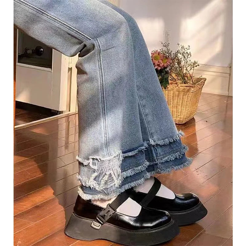Y2k 2000s Flare Jeans Japanese Bow Patchwork Denim Pants Summer Korean High Waist Slim Straight Trousers New