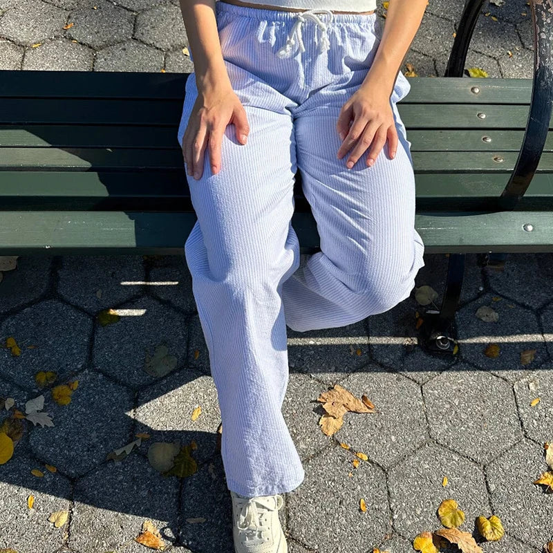 Comfy Loung Pants Tie Up Waist Wide Leg Trousers Y2k Striped Loose Pants Pajamas Sleepwear