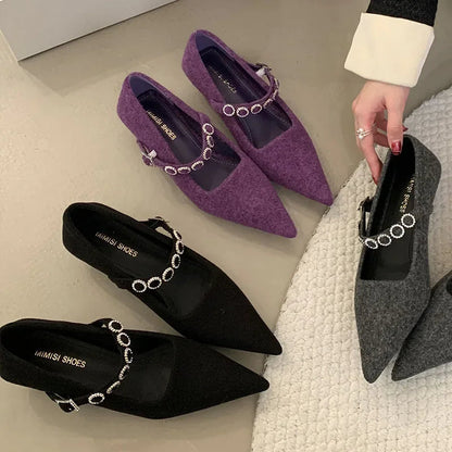 Satin Rhinestone Pointed Toe Buckle Shallow Low Heeled Shoes Wedding Pumps