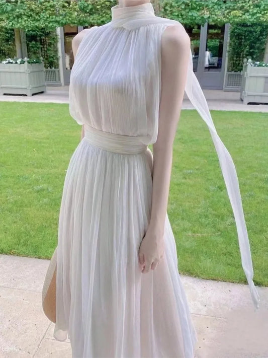 Halter Midi Dresses for Sleeveless Holiday Style Summer New Wedding Evening Party Dress Prom Vestidos Mujer