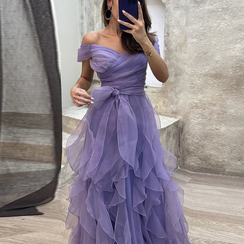 Strapless Ruffle Mesh Bridesmaid Dresses Spring Backless Hollow Long Party Dress Summer High Waist Bow Hem Maxi Dress