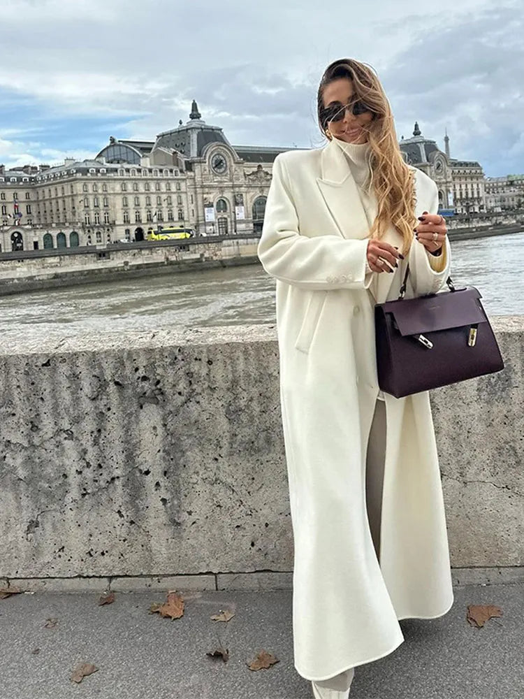 White Double Breasted Loose Woolen Coat Oversized Long Sleeve Overcoat Fall Winter New Outerwear