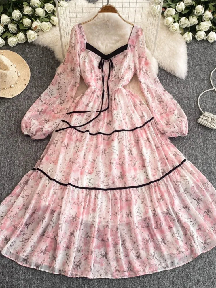 Printed Midi Dresses for Lantern Sleeves Square Collar A-line Birthday Party Dress Autumn New Prom Robe