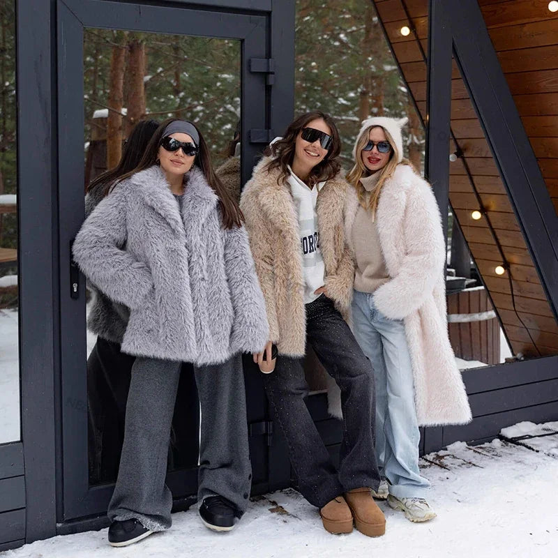 Winter Exclusive Lapel Collar Long Teddy Jacket Coat Brand Cozy Padded Faux Fur Coats Outerwear