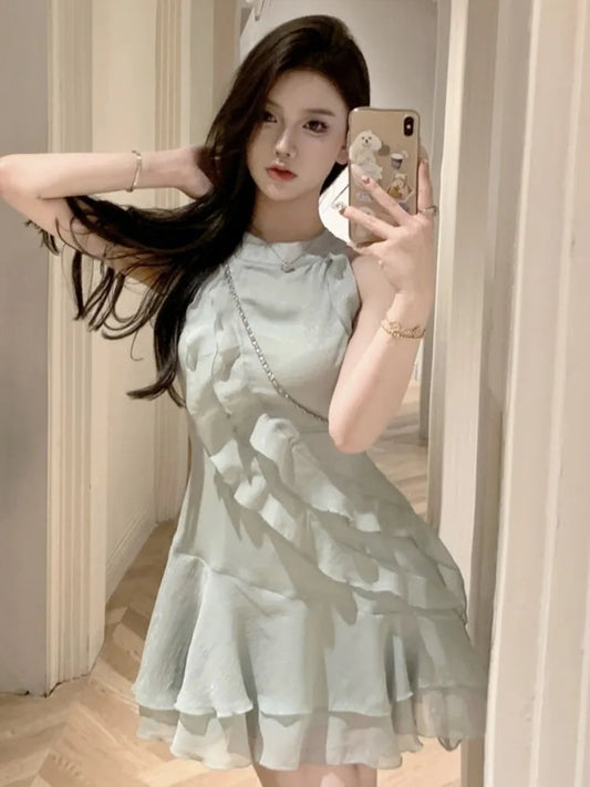 French Mini Dress Ruffles Slim Waist One Piece Clothes Chiffon Summer Outfits New Female Vestidos