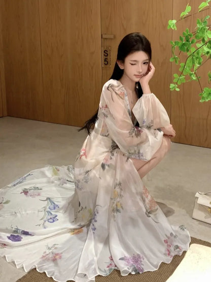 Printed Long Dresses for Lantern Sleeve V-neck High Split Y2k Fairy Party Dress Korean Vestidos New