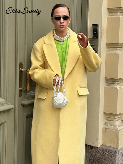 Woolen Long Coat Autumn Full Sleeve Button Fake Pocket Split Yellow Overcoat Oversize New in Outwear