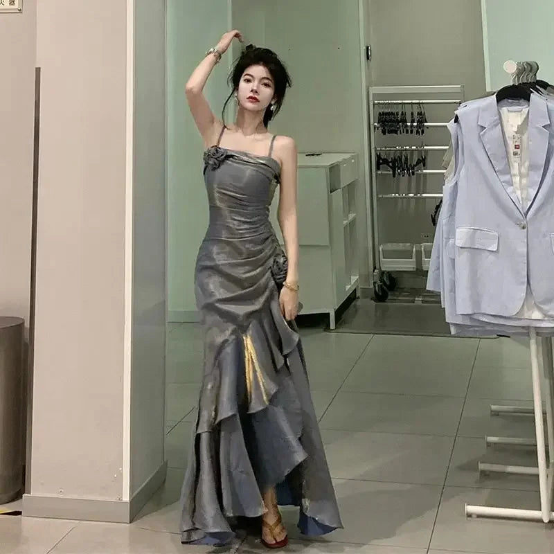 Korean Velvet Long Dress Slim Mermaid Spaghetti Strap Dress Evening Party Dress